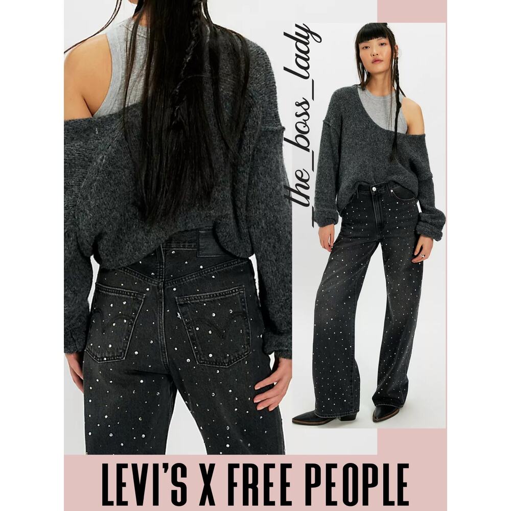 Levi’s ribcage wide-leg jeans 28 high rise embellished pant black rhinestones - Picture 3 of 12